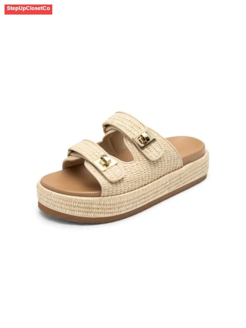 Raffia Espadrilles Platform Wedge Sandals Adjustable Buckle Slide